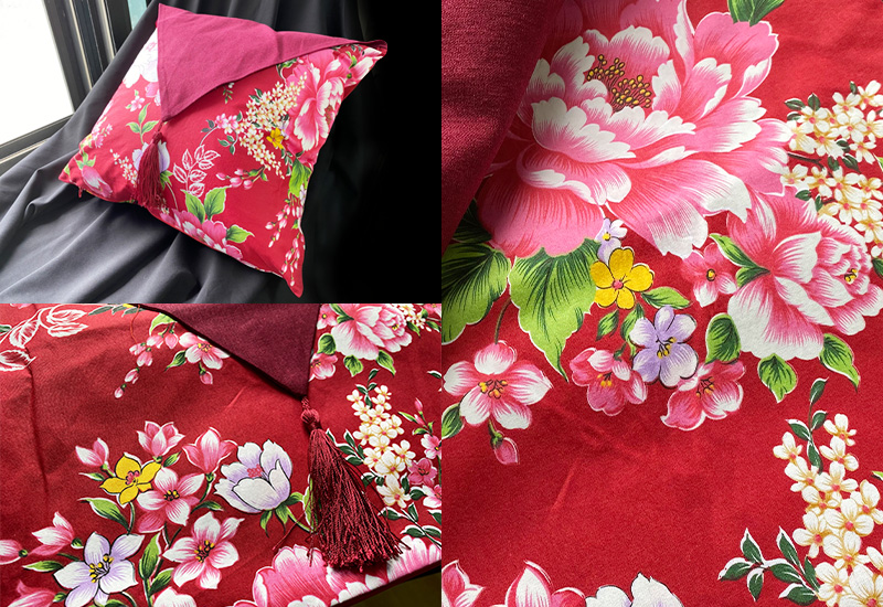 台灣花布抱枕套-三角暗紅  台灣花布抱枕套-三角暗紅