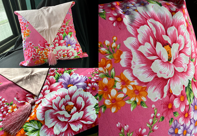 台灣花布抱枕套-三角粉紅  台灣花布抱枕套-三角粉紅