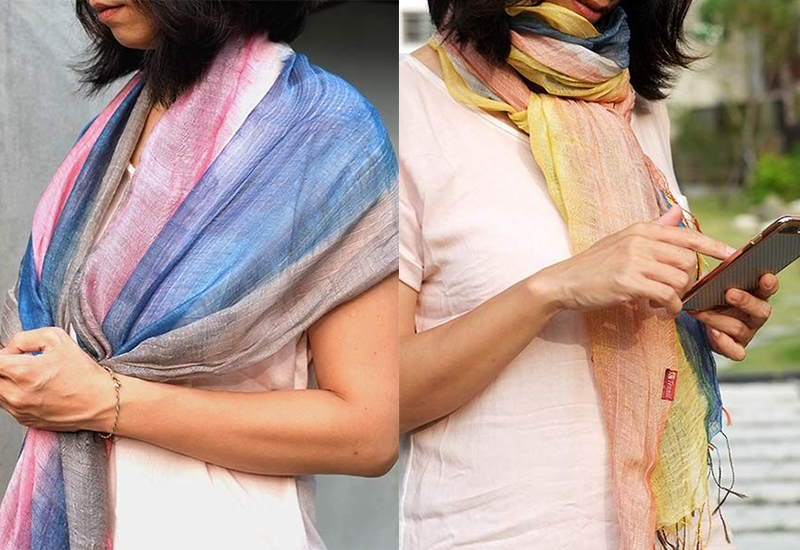 天染工坊 綠鳩-彩羽頌-天染絲棉直紋圍巾  天染工坊 綠鳩-彩羽頌-天染絲棉直紋圍巾