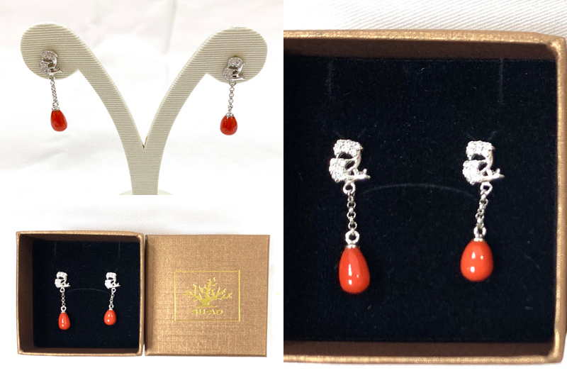 蘇澳珊瑚 珊瑚水滴水鑽耳環 SSKERW0022 蘇澳珊瑚 珊瑚水滴水鑽耳環 SSKERW0022