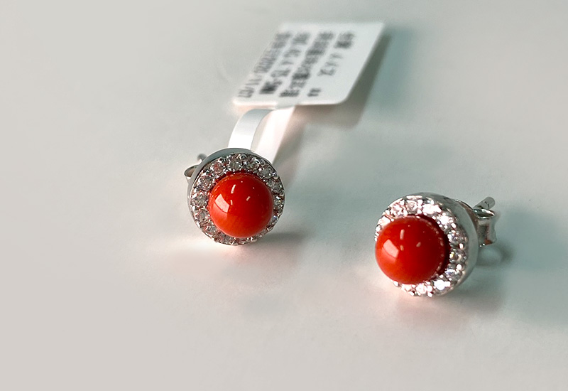 蘇澳珊瑚 珊瑚圓珠水鑽耳環_SSKERB0270 蘇澳珊瑚 珊瑚圓珠水鑽耳環_SSKERB0270