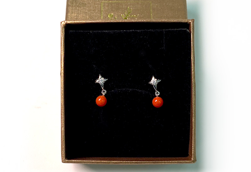 蘇澳珊瑚 珊瑚圓珠水鑽耳環_SSKERB0208 蘇澳珊瑚 珊瑚圓珠水鑽耳環_SSKERB0208