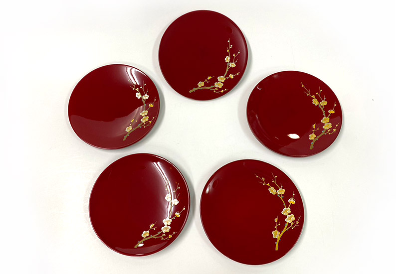 林建正 台灣漆器 蒔繪梅果盒-點心盤1組5件(小) 林建正 台灣漆器 蒔繪梅果盒-點心盤1組5件(小)