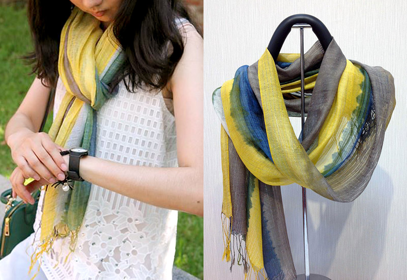 天染工坊 綠鳩-彩羽頌-天染絲棉直紋圍巾  天染工坊 綠鳩-彩羽頌-天染絲棉直紋圍巾