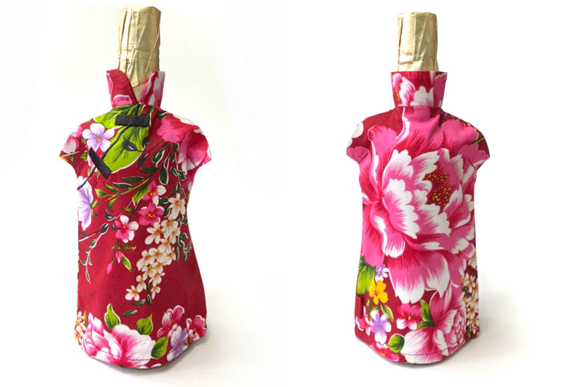 台灣花布 花布酒瓶衣-暗紅色 台灣花布 花布酒瓶衣-暗紅色