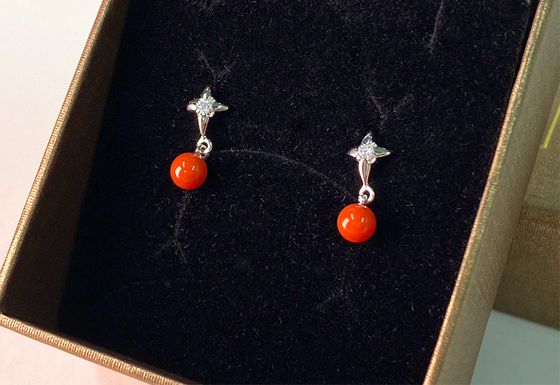 蘇澳珊瑚 珊瑚圓珠水鑽耳環_SSKERB0208 蘇澳珊瑚 珊瑚圓珠水鑽耳環_SSKERB0208