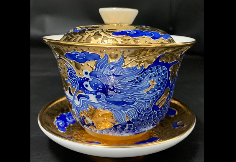 祥龍獻瑞三件杯組(鎏金．青花)