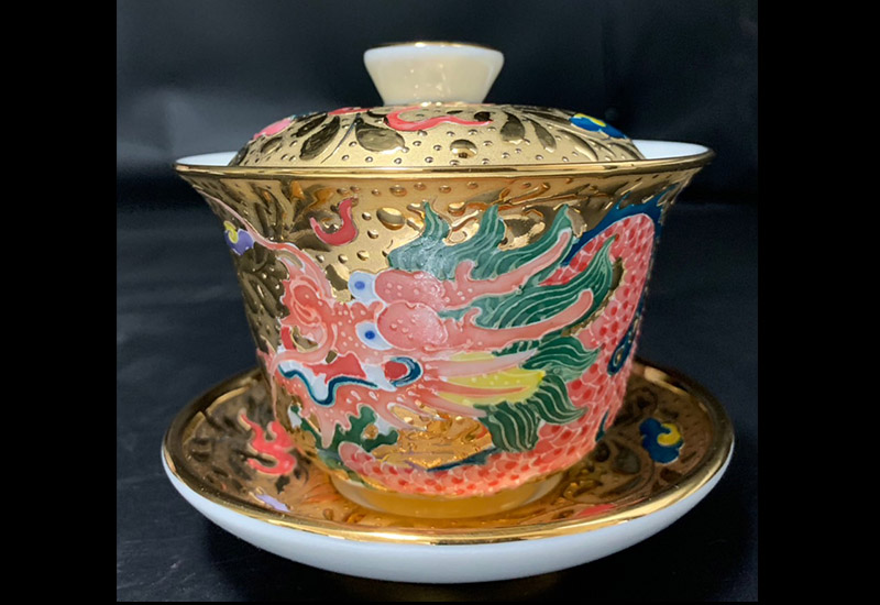 兩岸窯 祥龍獻瑞三件杯組(鎏金.彩色) 法華彩